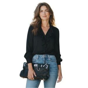 RACHEL ZOE Large Black Leather Clutch Silver Hardware Moto Edgy Punk R $325